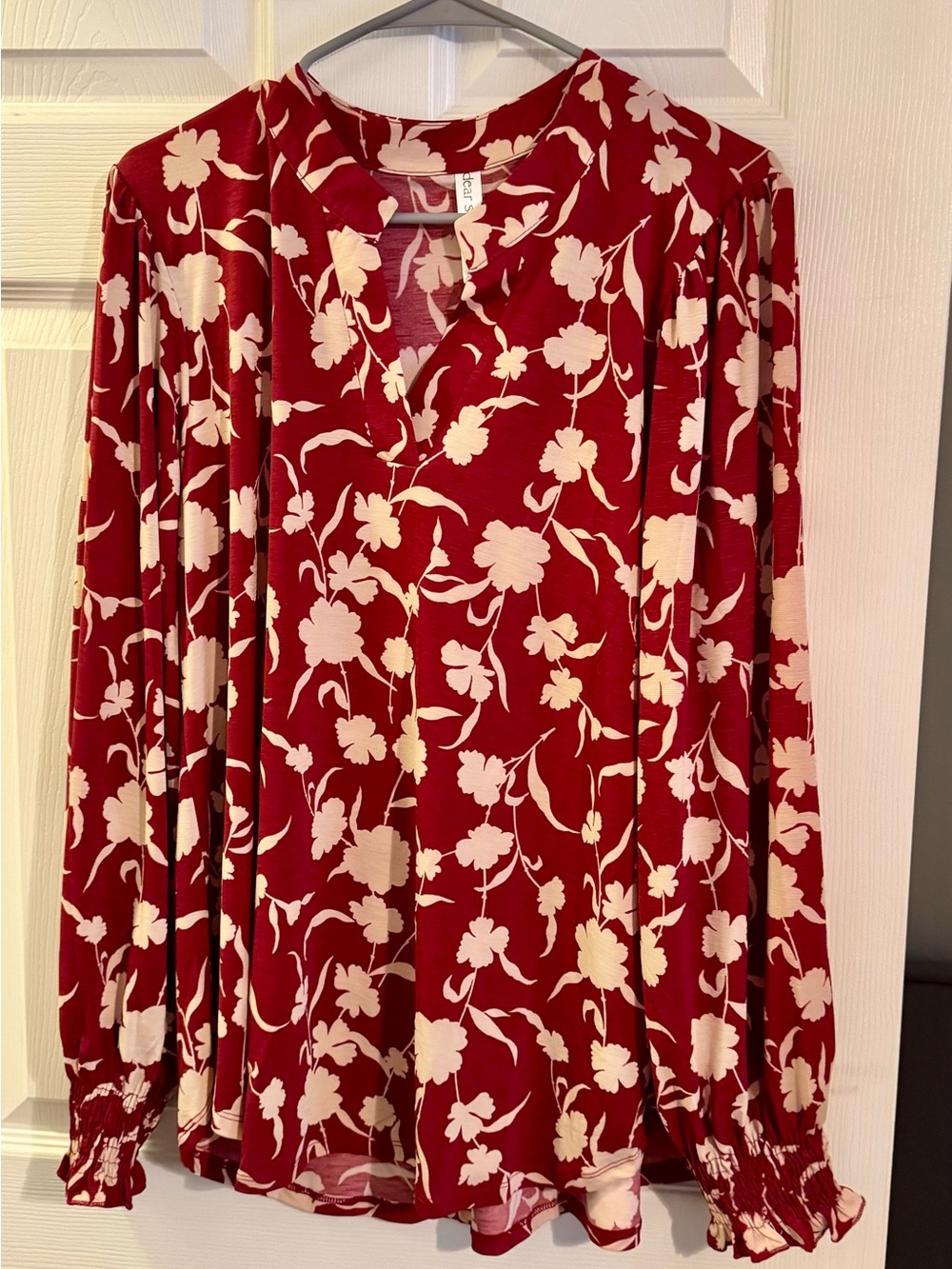 Burgundy Floral Long-Sleeve Top with Cream Accents